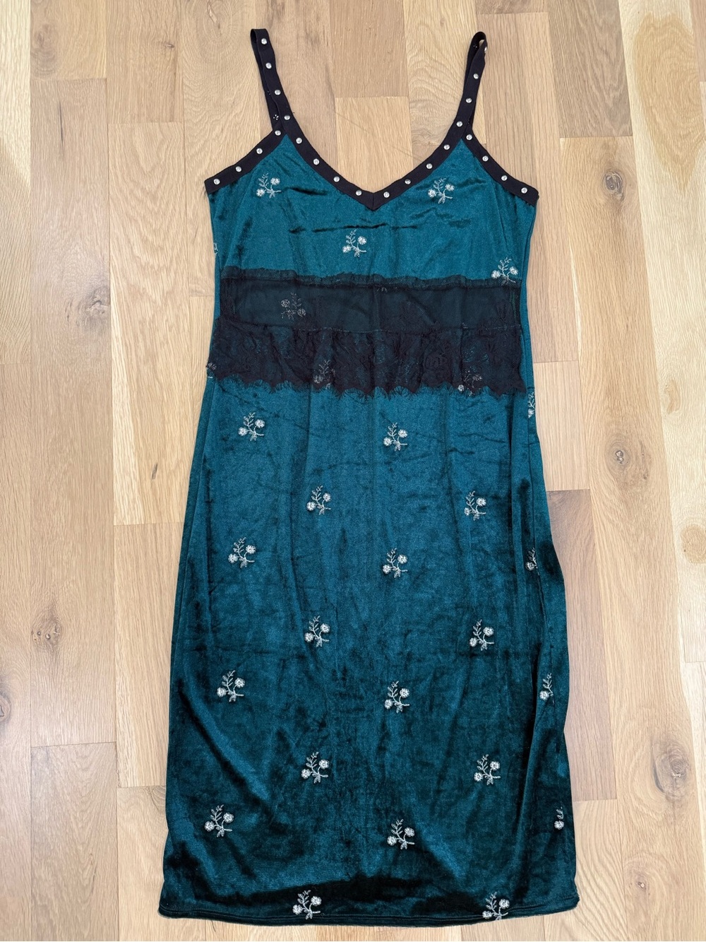 Zara Teal Velvet Slip Midi Dress with Lace Trim and Floral Embroidery Size M